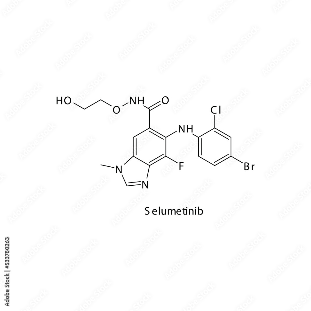 Selumetinib molecule flat skeletal structure, Tyrosine kinase - MEK, MAPK inhibitor used in Neurofibromatosis Vector illustration on white background. Selumetinib molecule flat skeletal structure, Tyrosine kinase - MEK, MAPK inhibitor used in Neurofibromatosis Vector illustration on white background.