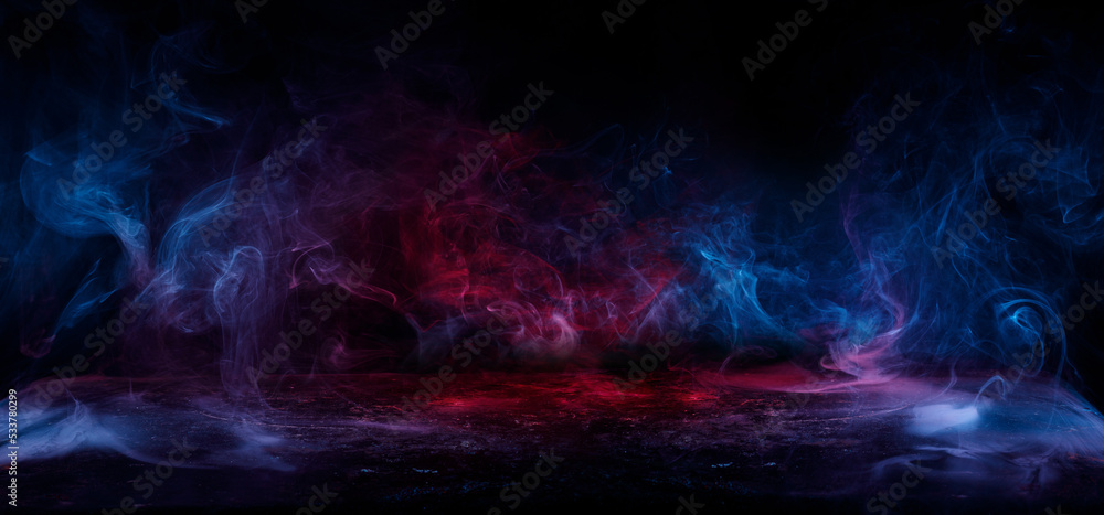 Panoramic view of the abstract fog. Red and blue cloudiness, mist or smog moves on black background. Beautiful swirling blue smoke. Mockup for your logo. Wide angle horizontal wallpaper or web banner. Panoramic view of the abstract fog. Red and blue cloudiness, mist or smog moves on black background. Beautiful swirling blue smoke. Mockup for your logo. Wide angle horizontal wallpaper or web banner.