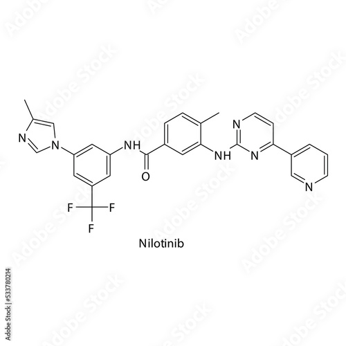 Nilotinib molecule flat skeletal structure, Tyrosine kinase - EGFR, BCR-ABL inhibitor used in Chronic myelogenous leukemia Vector illustration on white background.