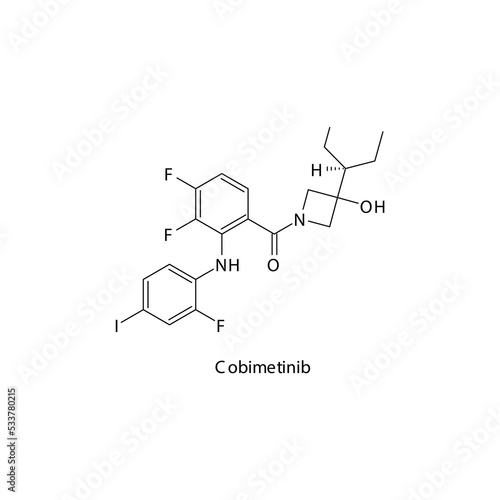 Cobimetinib molecule flat skeletal structure, Tyrosine kinase - MEK, MAPK inhibitor used in Metastatic melanoma Vector illustration on white background.
