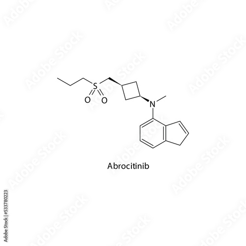 Abrocitinib molecule flat skeletal structure, Tyrosine kinase - JAK inhibitor used in Atopic dermatitis - Eczema Vector illustration on white background.