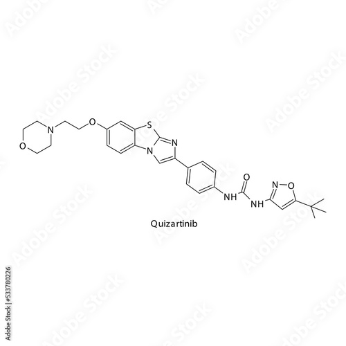 Quizartinib  molecule flat skeletal structure, Tyrosine kinase - EGFR inhibitor used in research Vector illustration on white background.