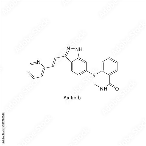 Axitinib molecule flat skeletal structure, Tyrosine kinase - EGFR inhibitor used in Renal cell carcinoma Vector illustration on white background.