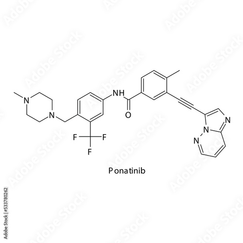 Ponatinib  molecule flat skeletal structure, Tyrosine kinase - EGFR, BCR-ABL inhibitor used in Chronic myelogenous leukemia Vector illustration on white background.