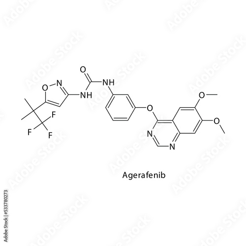 Agerafenib molecule flat skeletal structure, Tyrosine kinase - EGFR inhibitor used in research Vector illustration on white background.