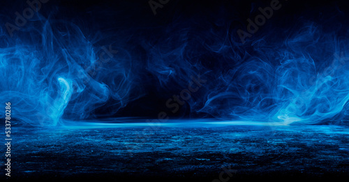 Panoramic view of the abstract fog. Red and blue cloudiness, mist or smog moves on black background. Beautiful swirling blue smoke. Mockup for your logo. Wide angle horizontal wallpaper or web banner. © KDdesignphoto