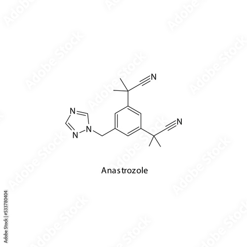 Anastrozole molecule flat skeletal structure, Non steroidal aromatase inhibitor used in breast cancer Vector illustration on white background. photo