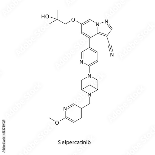 Selpercatinib molecule flat skeletal structure, Tyrosine kinase - EGFR inhibitor used in non-small cell lung cancer, pancreatic cancer Vector illustration on white background.