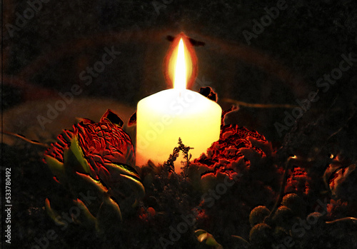 Painting of Burning White Candle in Dried Flower Arrangement photo