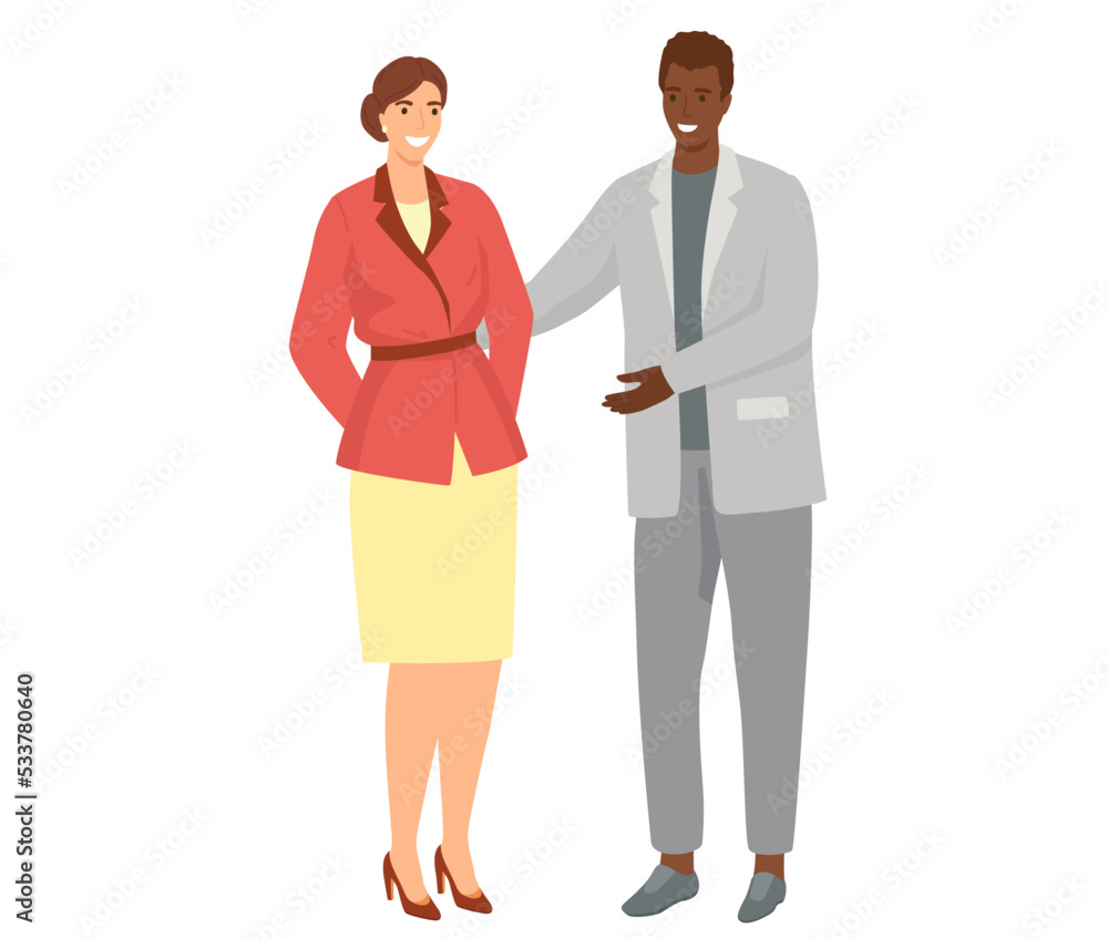 Man and woman having fun chatting, meeting of friends. Businesswoman standing and talking with colleague businessman in gray suit discussing joke. People communicating together isolated on white Man and woman having fun chatting, meeting of friends. Businesswoman standing and talking with colleague businessman in gray suit discussing joke. People communicating together isolated on white