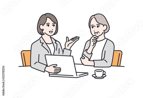 スーツの女性に相談するシニア女性のシンプルなベクターイラスト素材