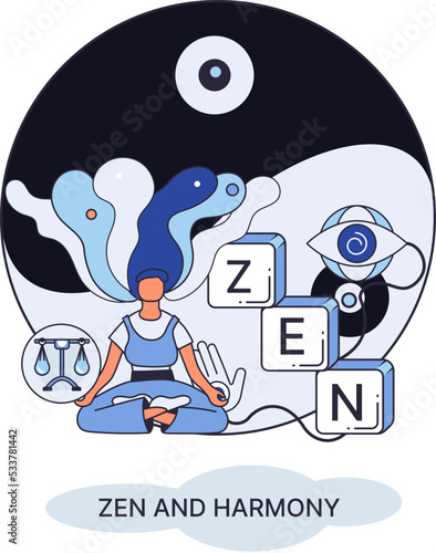 Zen and harmony metaphor, meditation practice. Balance, relaxation, mindfulness. Calm person relaxing. Yoga and spiritual practice, relax, recreation, healthy lifestyle. Japanese cult of mind and body