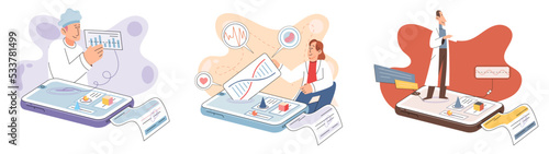 Online medical consultation and support metaphor. Online doctor. Healthcare services, Ask doctor. Tele medicine e-health service. Therapist videocalling phone screen. Diagnosis treatment of patients