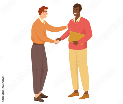 Young people group in casual clothes isolated on white congratulating friend and colleague on holiday, shake his hand. Smiling man standing straight. Colleagues portrait at corporate event