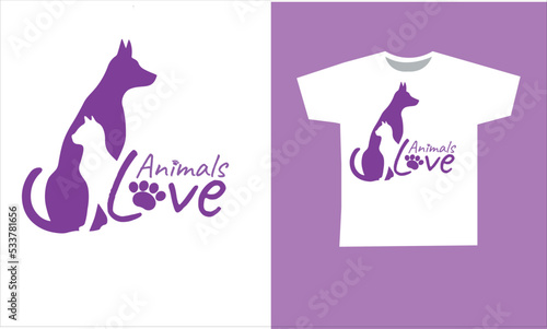 Animals love. Dog and cat. Printable animal designs on t-shirt. photo