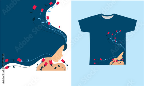 Blue haired women with red flowers Vector Illustration. Printable t-shirt design