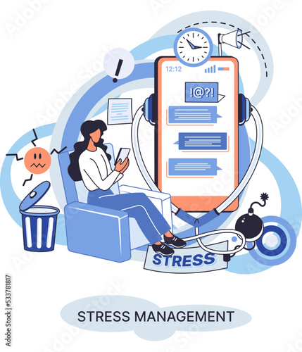 Stress management. Girl watching online classes on smartphone, awareness practice. Prevention of depression, internet education. Exercise wellness praxis to restore peace of mind. Healthy lifestyle