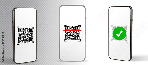 Mobile qr code. Digital smart phone with qr code scanner on smartphone screen for payment, online pay, scan barcode technology background. Mobile banking. Mobile phone application to scan code.