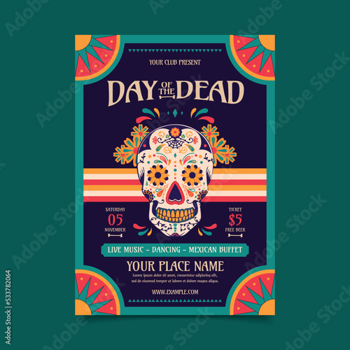 Flat Dia De Los Muertos vertical poster template