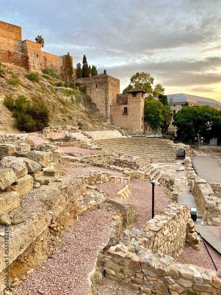 ruins of ancient Roman Theatre at foot of the famous Alcazaba fortress in Malaga. the oldest monument in Malaga City. High quality photo