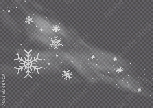 Cold wind with snow blow, winter weather with white smoke flying snowflakes. Christmas effect of a cold blizzard. Freezing breath curve trails. Flow snowy smoky stream, icy vapor. Vector illustration