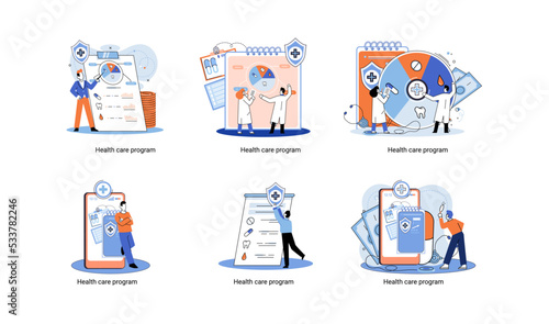 Health care program metaphor, online medical services, protection medicine. Medical insurance, hospital services, preventive check up, sick leave certificate treatment diagnosis patients, telemedicine