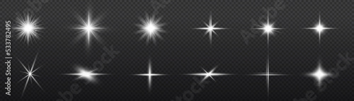 Set of glowing white stars bursts with sparkles. Sunlight special lens flare light effect. Shine, sparks, flash on transparent background. Glowing lights, star sparkl. Transparent shining sun. Vector.