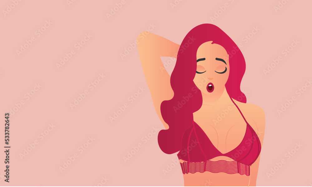 Stylish beautiful girl standing posing for pink bikini dress up, 1girl, red hair, closed eyes, sleepy, yawn, pink background, minimalist, flat vector illustration Stylish beautiful girl standing posing for pink bikini dress up, 1girl, red hair, closed eyes, sleepy, yawn, pink background, minimalist, flat vector illustration