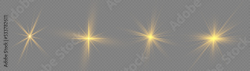 Golden light flare effect with stars, sparkles and glitter. Yellow glowing lights explodes on transparent background. Shiny glow star with stardust, gold lens flare. Sun flash with rays. Vector.
