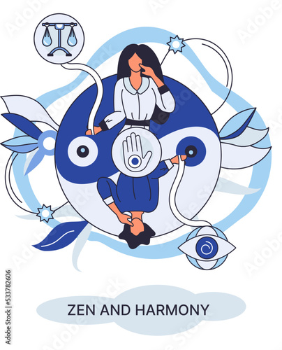 Zen and harmony metaphor, meditation practice. Balance, relaxation, mindfulness. Calm person relaxing. Yoga and spiritual practice, relax, recreation, healthy lifestyle. Japanese cult of mind and body