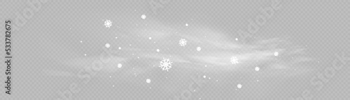 Cold wind with snow blow, winter weather with white smoke flying snowflakes. Christmas effect of a cold blizzard. Freezing breath curve trails. Flow snowy smoky stream, icy vapor. Vector illustration