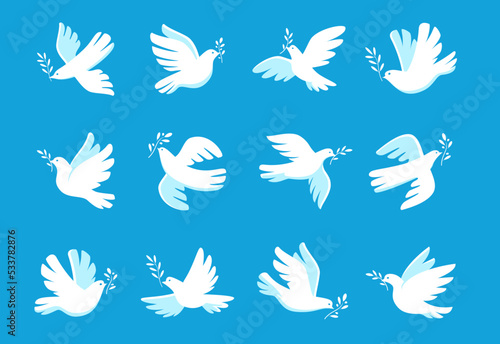 White dove with olive branch symbol. Bird and twig symbol of peace and freedom. Pigeon icon. Vector illustration