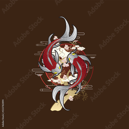 koi fish illustration design with retro japanese style background