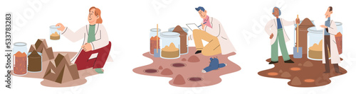 Soil analysis and earth pollution metaphor or structure control. Nutrients microorganism composition research ground layer structure sample. Soil laboratory test. Scientist measuring levels status