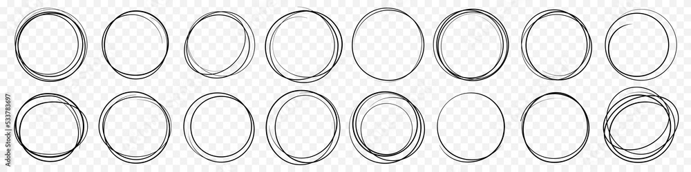 Hand drawn circle line sketch set. Vector circular scribble doodle round circles for message note mark design element. Pencil or pen graffiti  bubble or ball draft illustration