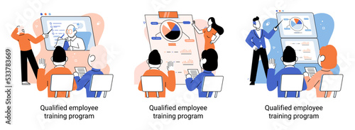 Qualified employee training program. Refresher course metaphor. Help in professional development. Learning for software development and growth. Agile project management team project life scrum meeting