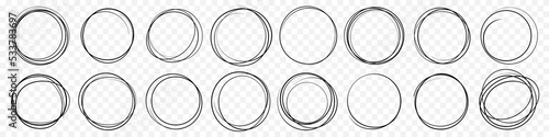 Hand drawn circle line sketch set. Vector circular scribble doodle round circles for message note mark design element. Pencil or pen graffiti  bubble or ball draft illustration