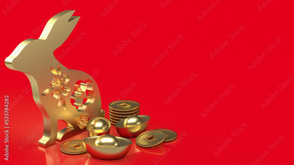 The gold rabbit and Chinese coins for holiday concept 3d rendering