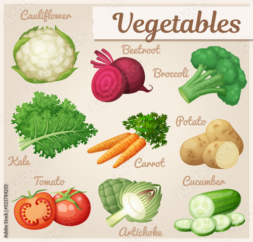 Set of green vegetables vector icons. Cartoon illustration of healthy organic vegan food