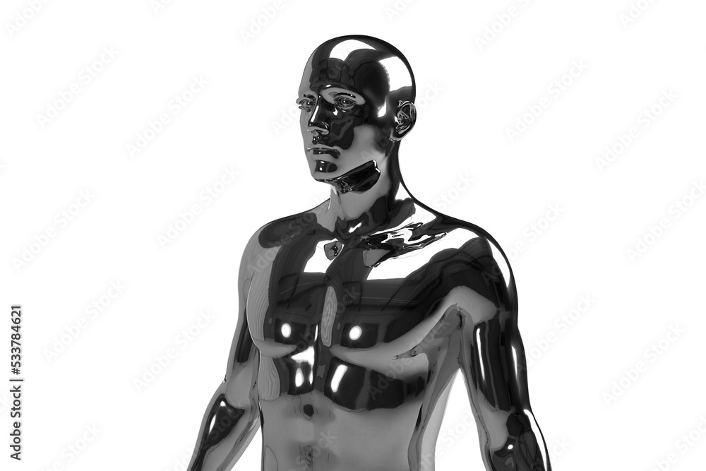 3D illustration of a male silver torso on a white background. metal mannequin.