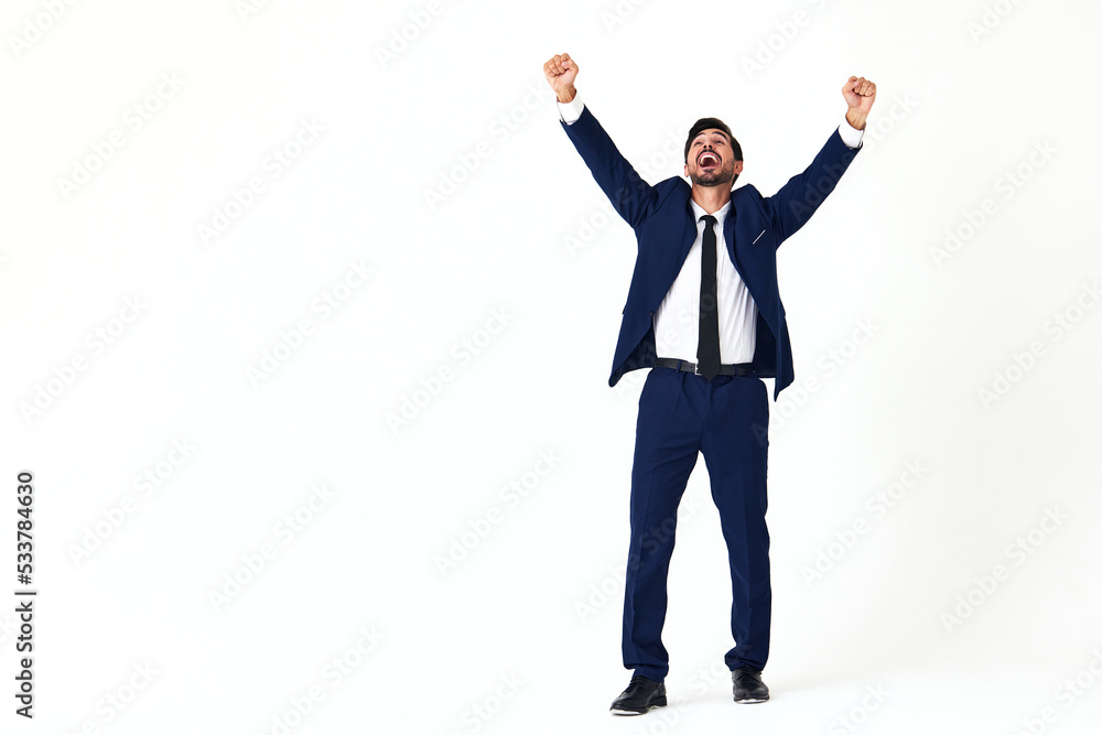Man business smile with teeth in costume running and jumping flying up open mouth happiness and surprise full-length on white isolated background copy space Man business smile with teeth in costume running and jumping flying up open mouth happiness and surprise full-length on white isolated background copy space