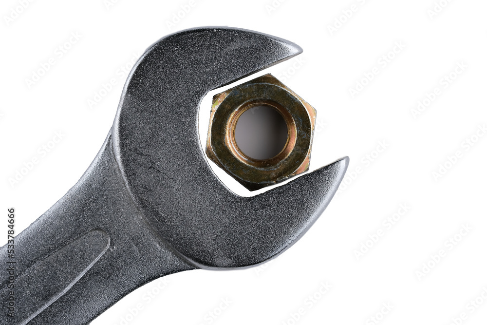steel wrench and metal nut isolated on white steel wrench and metal nut isolated on white