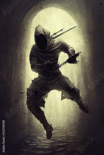 Hooded warrior in action