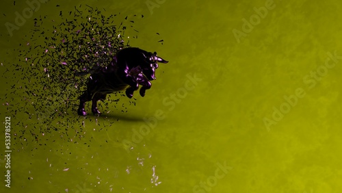 Purple painted bull with purple particles in dramatic contrasting light representing financial market trends under black-yellow background. Concept 3D CG of stock market.