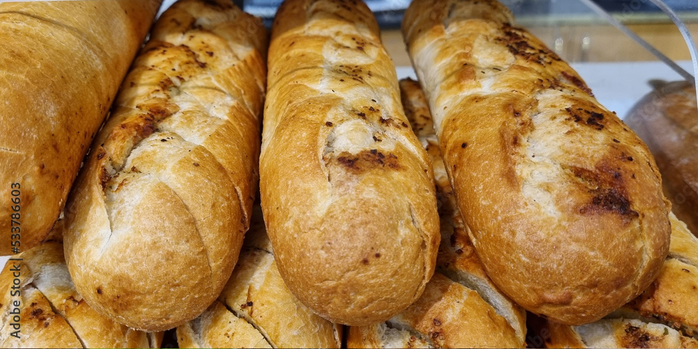 Fragrant fresh bread in the bakery.