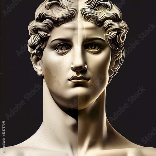 Greek and Roman head of statue. colourful abstract plaster bust art. 