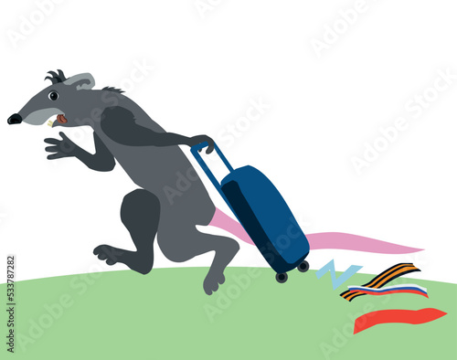 Running rat with a suitcase throwing a St. George ribbon, the flag of Russia, the letter Z, the flag of the USSR. The concept of a collaborator, a Russian conscript