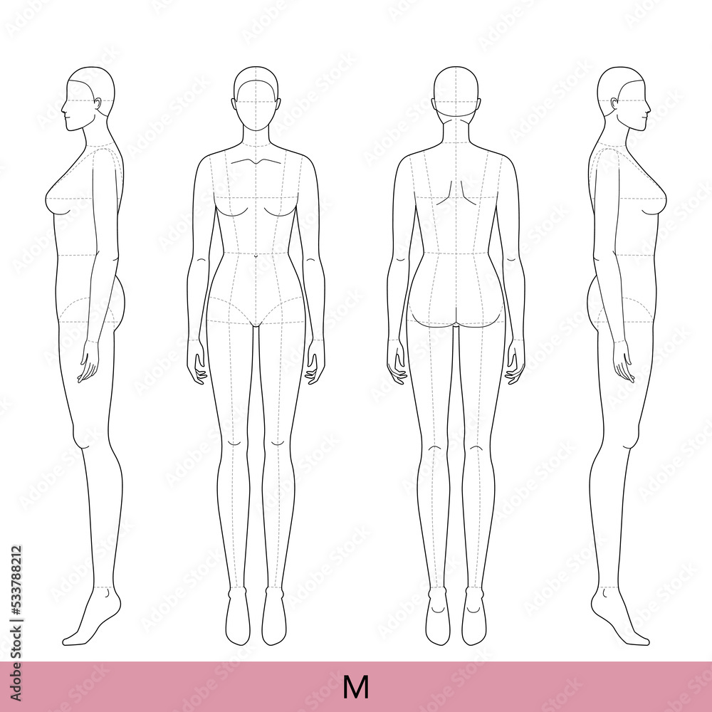 Set of M Size Women Fashion template 9 nine head Croquis with main lines  Lady model