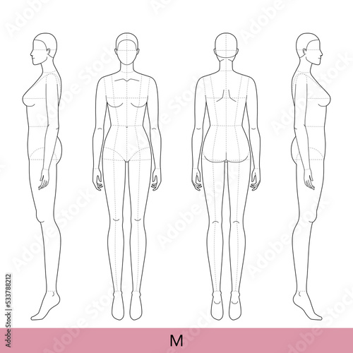 Set of M Size Women Fashion template 9 nine head Croquis with main lines Lady model skinny body figure front, 3-4, back view. Vector isolated outline sketch girl for Fashion Design, technical drawing