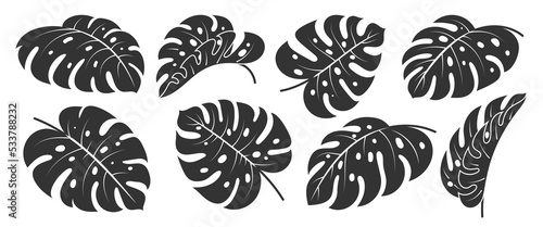 Monstera Deliciosa leaf flat icon set. Tropical exotic plant branch stencil black silhouette. Summer philodendron foliage. Floral scrapbooking cut design element. Single leaves ink stamp on white